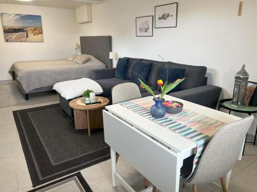 锡姆里斯港Vik Österlen的客厅配有沙发和1张床