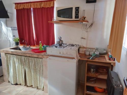 普洛缇尔DORMI-con HIDROMASAJE- POSADA RUTA 22 totalmente EQUIPADO的一间带炉灶和微波炉的小厨房