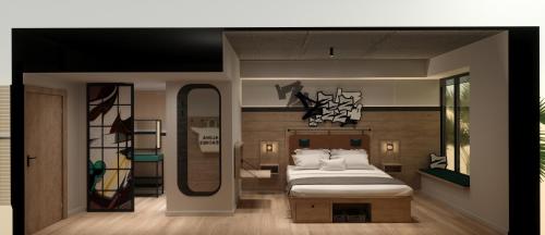 迈阿密Moxy Miami Wynwood的一间卧室配有一张床和镜子