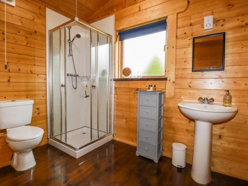 博德明Cherry Lodge的带淋浴、卫生间和盥洗盆的浴室