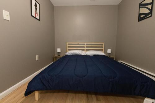 泽西市Pleasing 4- Bed Apartment Close to NYC的一间卧室配有一张大蓝色的床和两个枕头