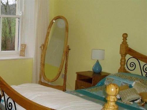 BallymoteThe Gardener's Cottage的一间卧室配有一张带镜子的木床
