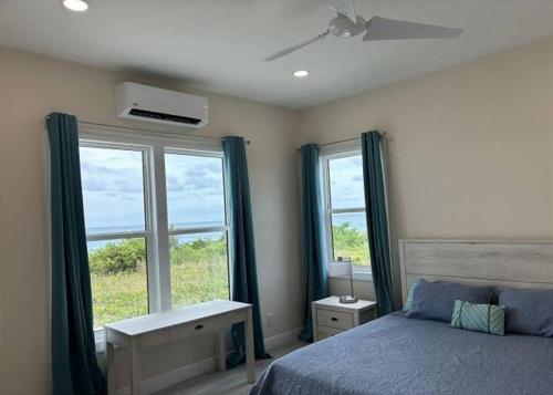 North Palmetto PointTwin Coves Tranquility: Private Beachfront Estate的一间卧室设有一张床和两个大窗户