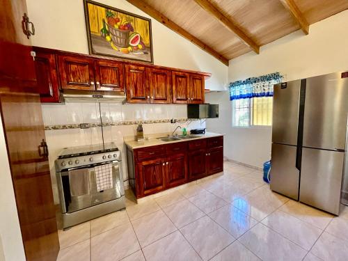 哈拉瓦科阿Oasis Dońa Elena的厨房配有木制橱柜和不锈钢冰箱。