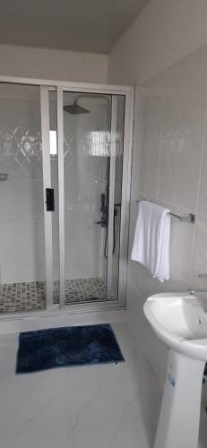 MuseleShalom Apartments Kalumbila的带淋浴和盥洗盆的白色浴室