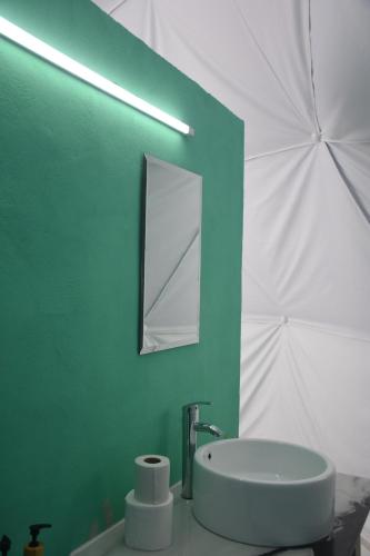 女人岛Hidden Island Glamping Isla Mujeres的绿色浴室设有水槽和镜子