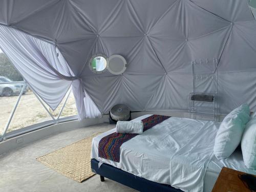 女人岛Hidden Island Glamping Isla Mujeres的帐篷内一间卧室,配有一张床