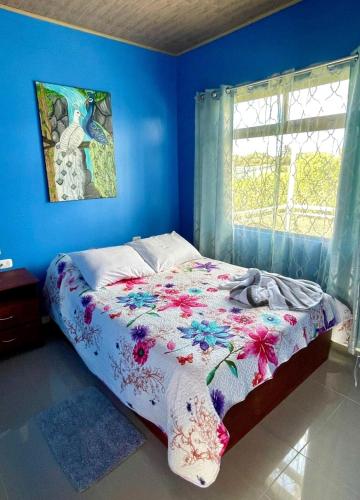 蒙泰韦尔德哥斯达黎加Private Apartment View的一间卧室配有一张蓝色墙壁和窗户的床