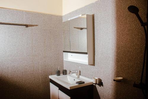 瓦加杜古Kadoued Furnished Apartment 2 Bedroom的一间带水槽和镜子的浴室