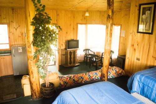 安库德Mae Joa Turismo - Cabañas & Camping Familiar的客房设有两张床、一台电视和一张桌子。
