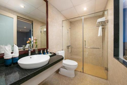Ban NafèngCoecco Xieng Khouang Hotel的一间带水槽、卫生间和淋浴的浴室