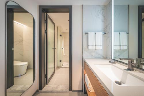 南京南京新街口逸扉酒店的一间带水槽和镜子的浴室