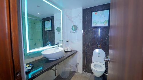 海得拉巴Hotel the Plaza的一间带水槽、卫生间和镜子的浴室