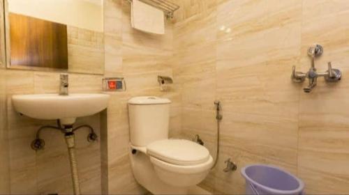 新德里Hotel HRS - New Delhi Railway Station的一间带卫生间和水槽的浴室