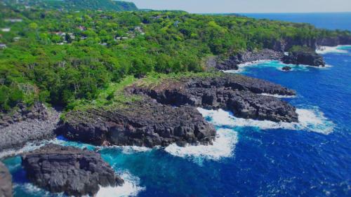 伊东KAMENOI HOTEL Izukogen的海洋岩石岛的空中景观