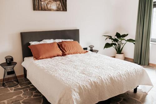 佐内贝克Vakantiewoning Domein Hooverbosch的卧室配有带橙色枕头的大型白色床