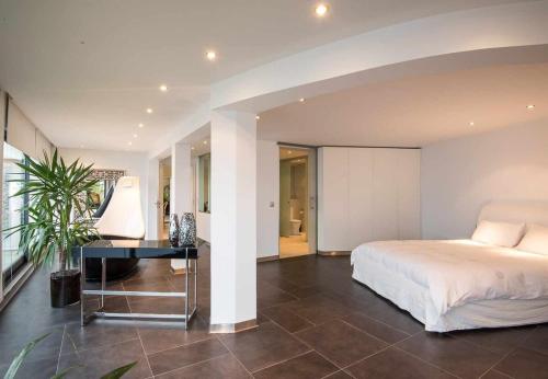 卡尼索Zula House - Stunning designer villa in spectacular location的一间卧室配有一张床和一张书桌