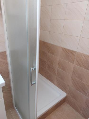 索普隆阳光俱乐部酒店的浴室里设有玻璃门淋浴