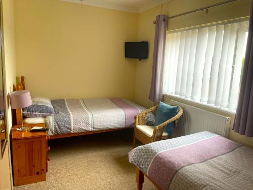 LlanllwchaiarnCaerhafod Nanternis的一间卧室设有两张床、一把椅子和一个窗户。