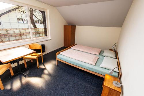 巴登巴登青年旅馆 的小房间设有一张床和一张书桌