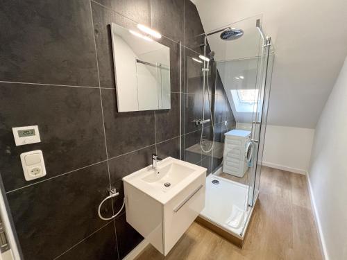 库姆巴赫Villa Plassenburg的浴室配有白色水槽和淋浴。