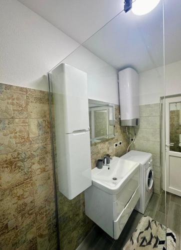 瓦勒博内Mountain Oasis的一间带水槽和洗衣机的浴室