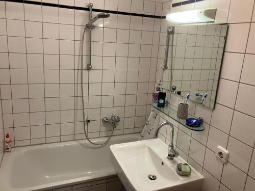 柏林拉贾祖瑟皮公寓的带淋浴、盥洗盆和浴缸的浴室