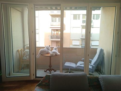 日内瓦Espacioso apartamento的带沙发和大窗户的客厅
