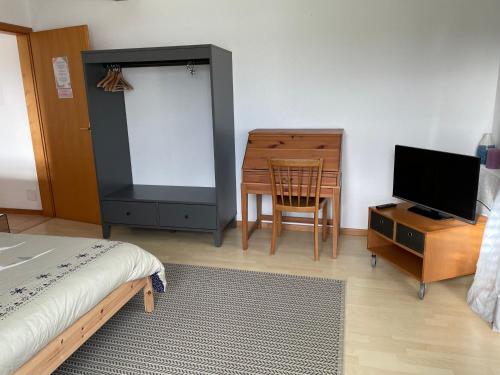 BoudryLes Rossets的一间卧室配有一张床、一张书桌和一台电视