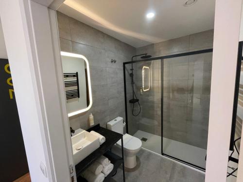 波尔图Hotel Portucalense的带淋浴、卫生间和盥洗盆的浴室