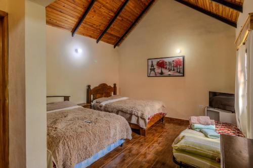 El TigreCasa familiar en la colonia Tovar的一间带两张床和一张沙发的卧室