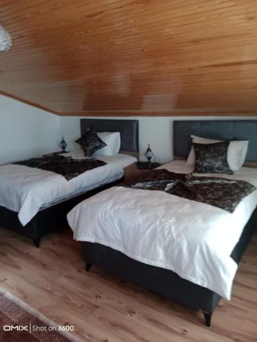 于尔居普Kapadokya'nın Büyüsüne Davet的配有木天花板的客房设有两张床。