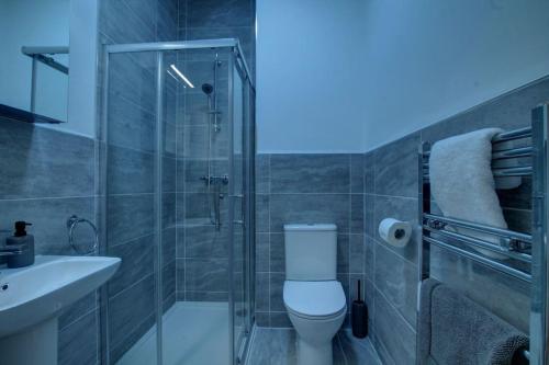 邓迪Excellent one bedroom apartment Dundee的浴室配有卫生间、淋浴和盥洗盆。