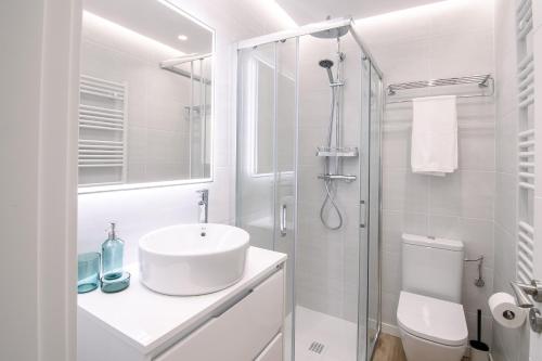 卡萨拉雷纳Apartamentos Casalarreina的白色的浴室设有水槽和淋浴。