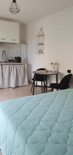 奥尔比亚Eleonora's apartment的厨房配有桌子和蓝毯