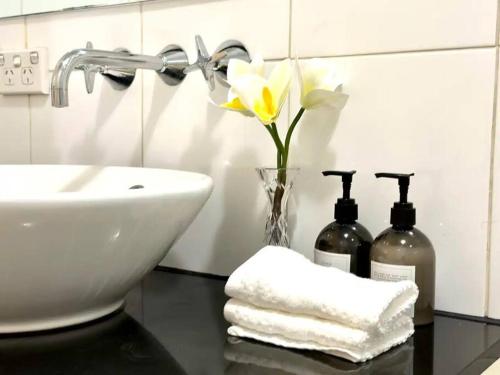 悉尼Superb Apartment in an Heart of Sydney' CBD的浴室设有水槽和花瓶