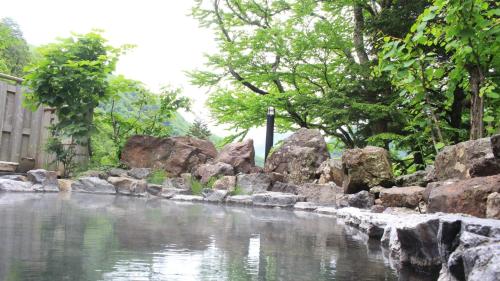 松本Nakanoyu Onsen Ryokan - Vacation STAY 18829v的一片水体,有岩石和树木