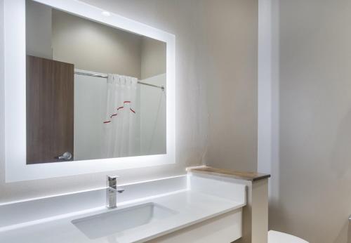 兰开斯特Red Roof Inn Lancaster, TX的白色的浴室设有水槽和镜子