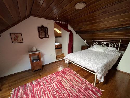 Casais do Chão da MendigaCasa do largo的一间卧室配有一张床和红色地毯
