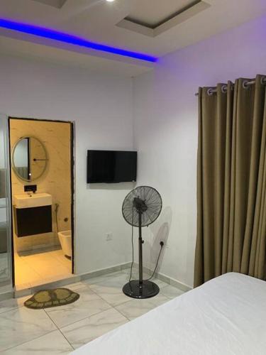 拉各斯Loft and Luxe Apartment的客房设有床、镜子和风扇。