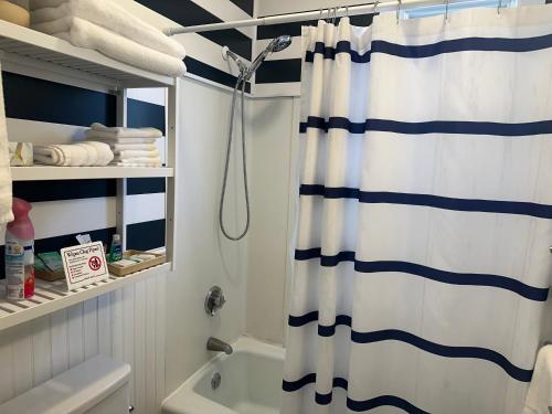 格洛斯特Retreat near Beaches的浴室设有蓝色和白色的淋浴帘