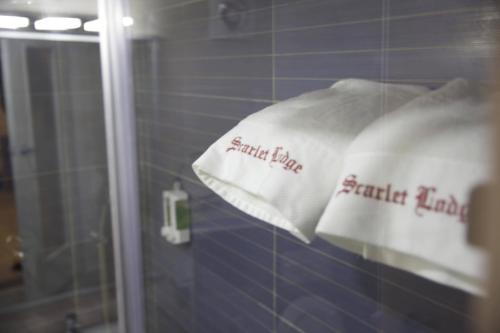 拉各斯Scarlet Lodge的浴室内架上的2条白色毛巾