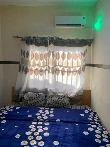 伊巴丹AMIGOS HOTEL的一间卧室配有一张带蓝色棉被的床和窗户。