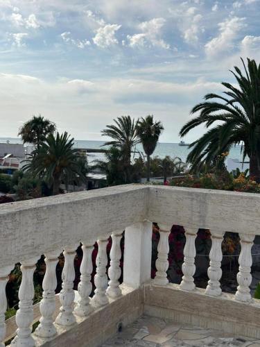 穆罕默迪耶Lilya Villa sabllete front de la mere的一个带棕榈树和大海的白色阳台