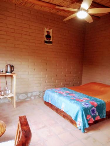 圣卡洛斯Amancay Aspha的一间卧室配有一张床和吊扇