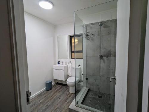 开普敦Modern Retreat in District Six的一间带卫生间和玻璃淋浴间的浴室