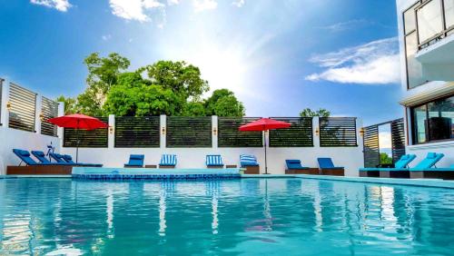 圣伊格纳西奥The Alexandria Marquis Hotel and Resort的一个带蓝色椅子和红色遮阳伞的游泳池