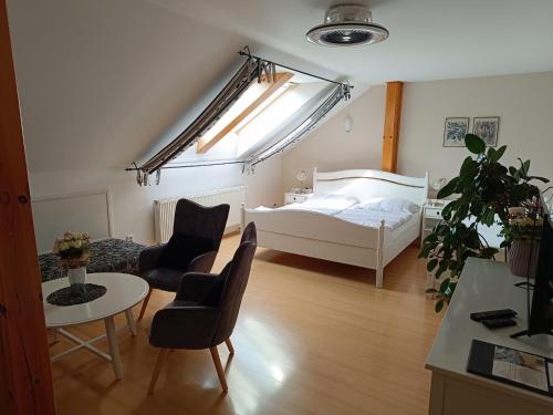 利托米什尔波扎西利托米什尔旅馆的卧室配有一张床和一张桌子及椅子