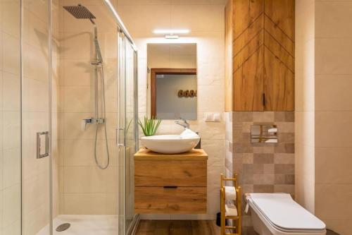 斯克拉斯卡波伦巴Apartament C3 Green Resort z Basenem, Sauną, Jacuzzi - 5D Apartments的一间带水槽和淋浴的浴室