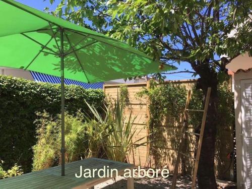 胡安莱潘Villa Butterfly - Jardin - Plage 400m的坐在桌子顶上的绿色雨伞